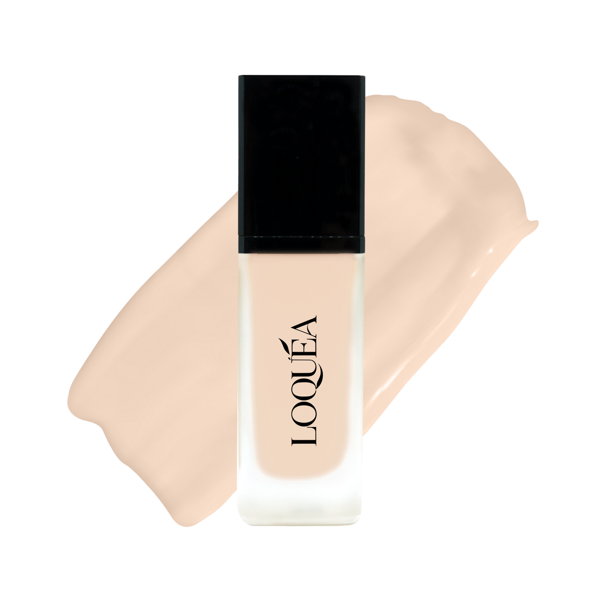 A bottle of LOQUÉA liquid foundation with a black cap, shown in front of a swatch of the beige foundation shade on a white background.