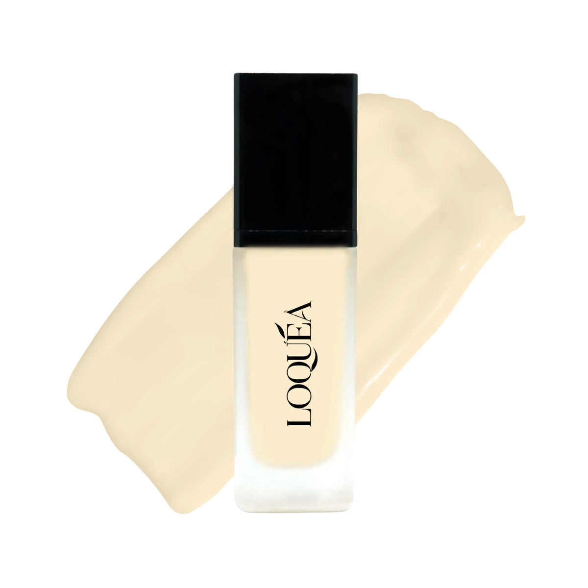 A bottle of LOQUÉA liquid foundation with a black cap and a beige liquid visible through a frosted glass bottle, centered on a white background.