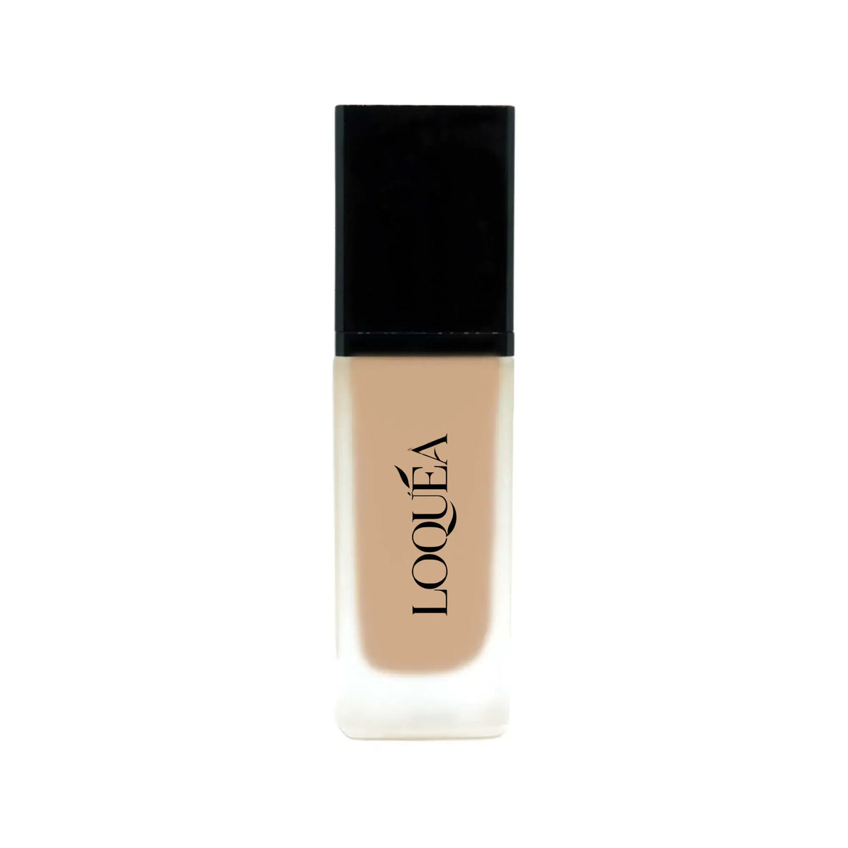 A bottle of LOQUÉA liquid foundation with a black cap and a beige-toned liquid visible through a clear glass bottle, centered on a white background.