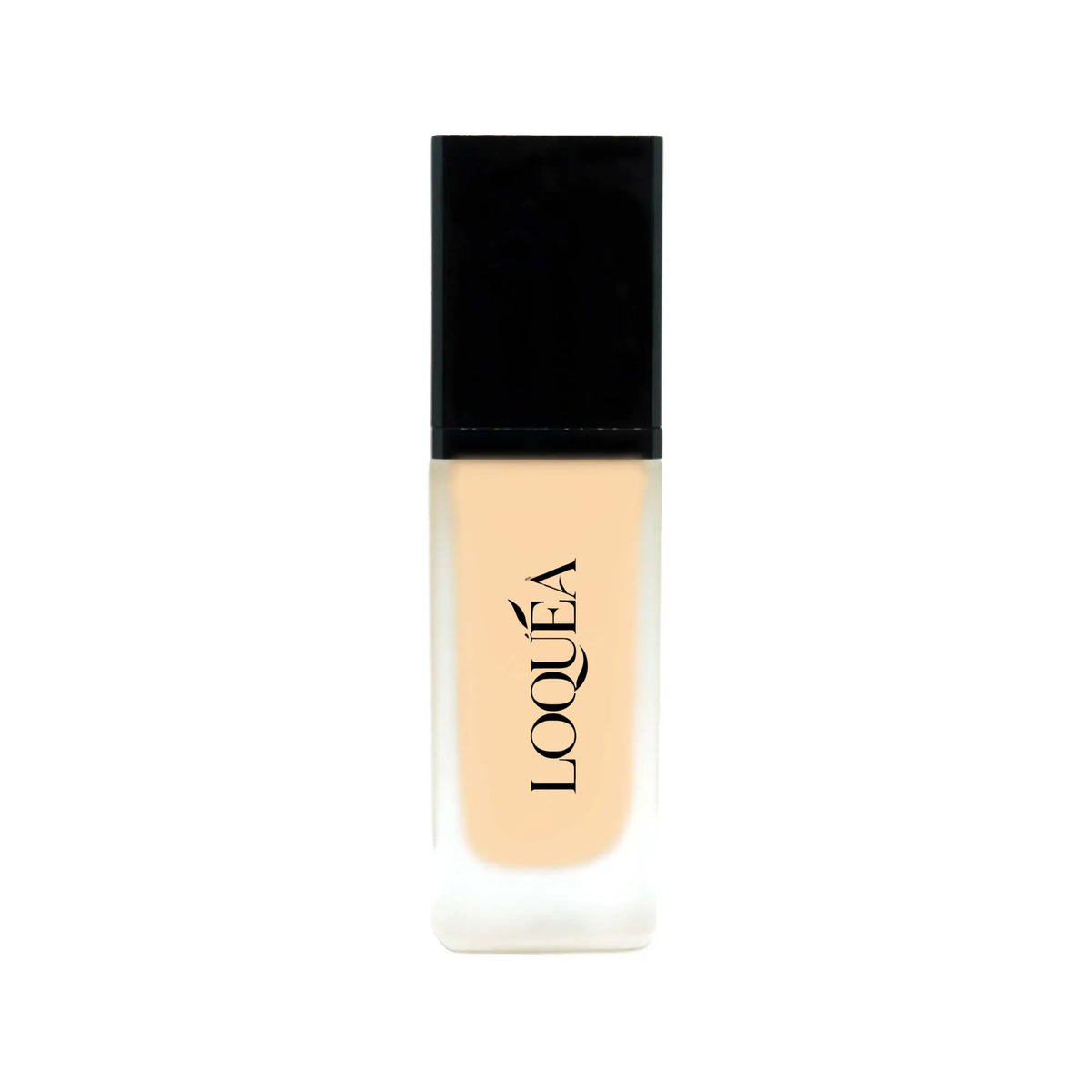 A bottle of LOQUÉA liquid foundation with a black cap and a beige liquid visible through a clear glass bottle, centered on a white background.