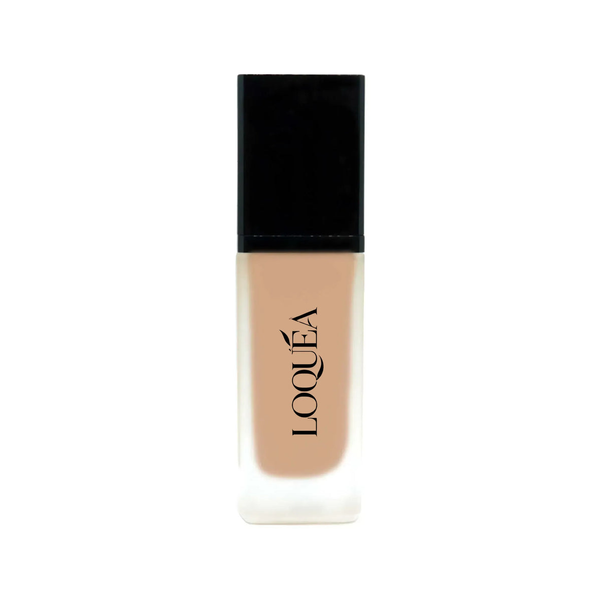 A bottle of LOQUÉA liquid foundation with a black cap and a beige-toned liquid visible through a clear glass bottle, centered on a white background.