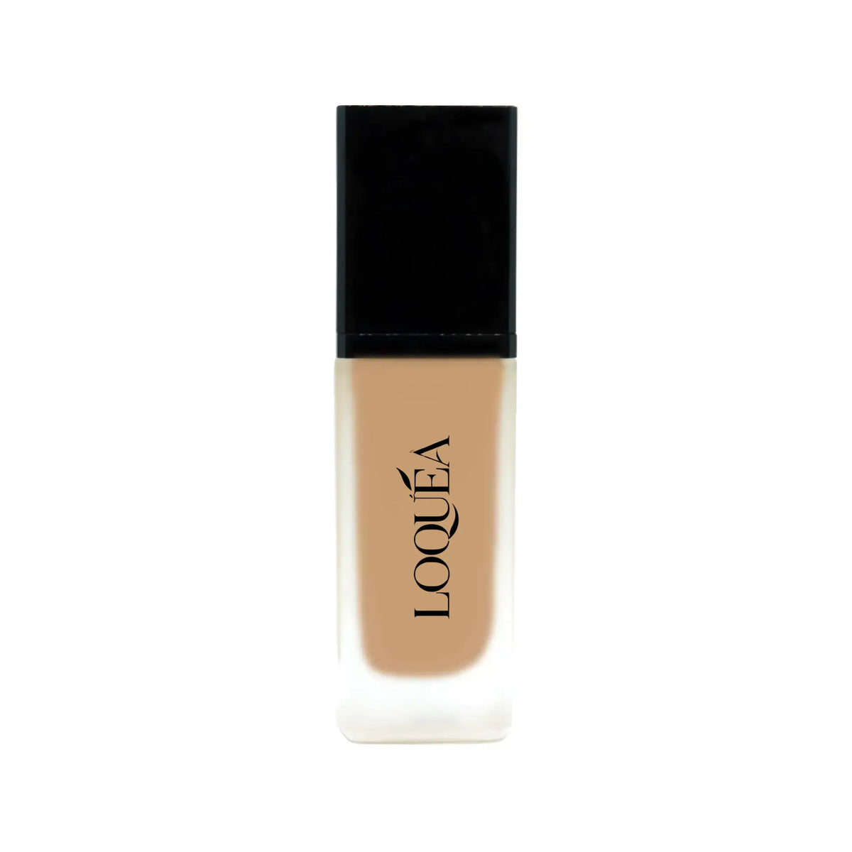 A bottle of LOQUÉA liquid foundation with a black cap and a beige-toned liquid visible through a clear glass bottle, centered on a white background.