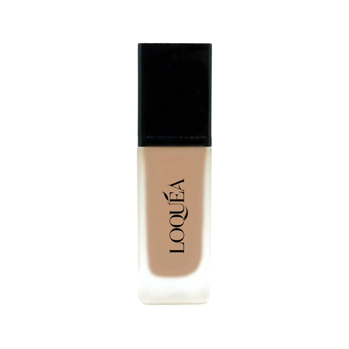 A bottle of LOQUÉA liquid foundation with a black cap and a beige-toned liquid visible through a frosted glass bottle, centered on a white background.