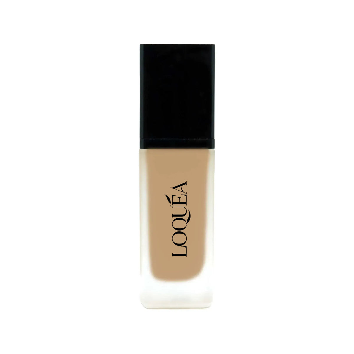 A bottle of LOQUÉA liquid foundation with a black cap and a beige-toned liquid visible through a frosted glass bottle, centered on a white background.