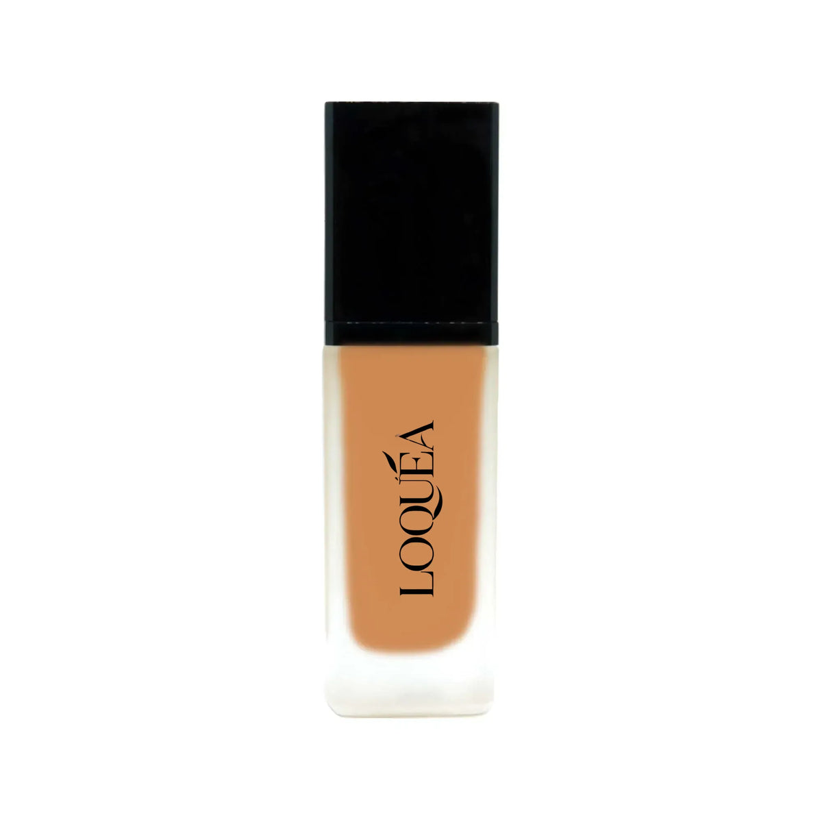 A bottle of LOQUÉA liquid foundation with a warm tan shade, featuring a black cap and clear glass base, centered on a plain white background.