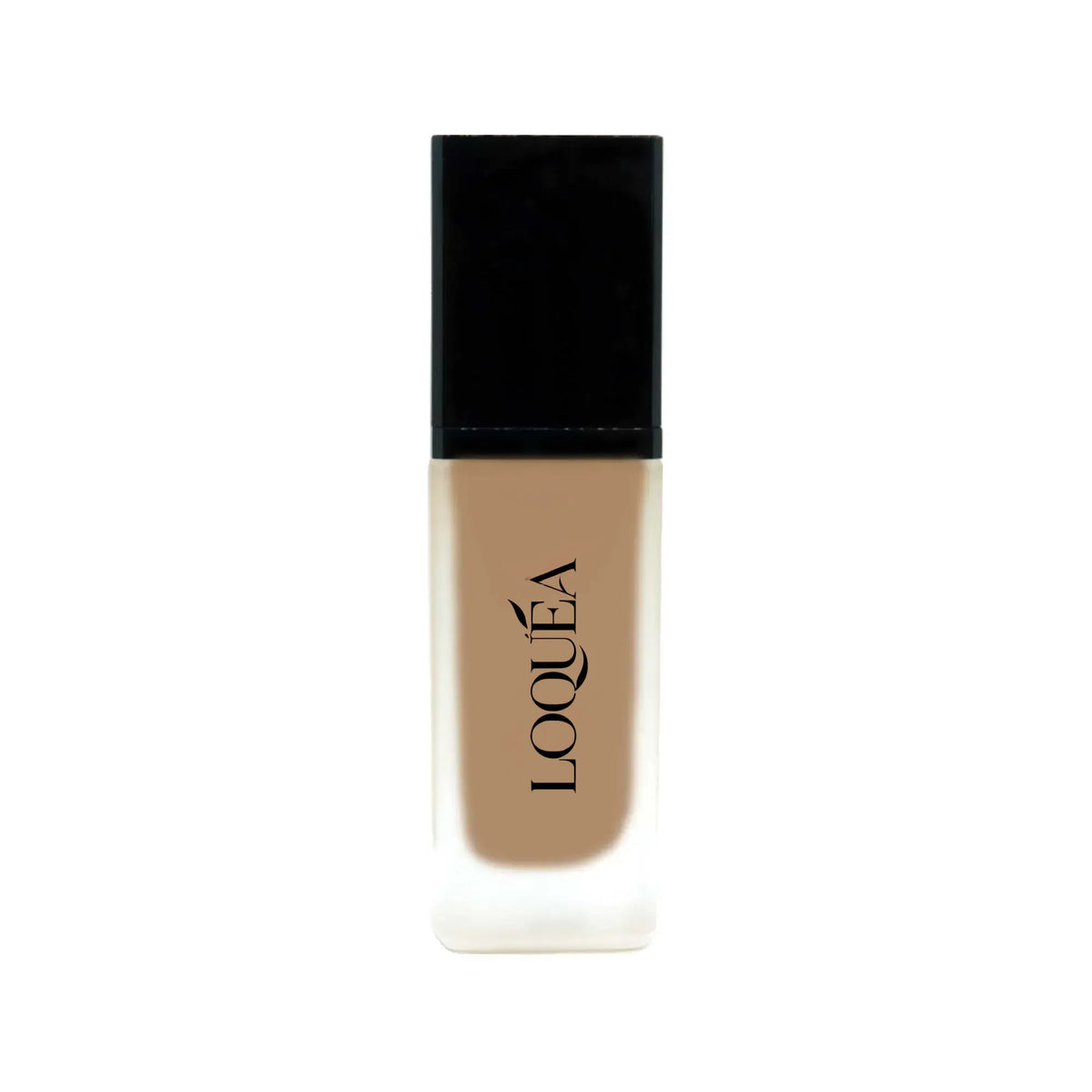 A bottle of LOQUÉA liquid foundation with a black cap and a beige-toned liquid visible through a frosted glass bottle, centered on a white background.