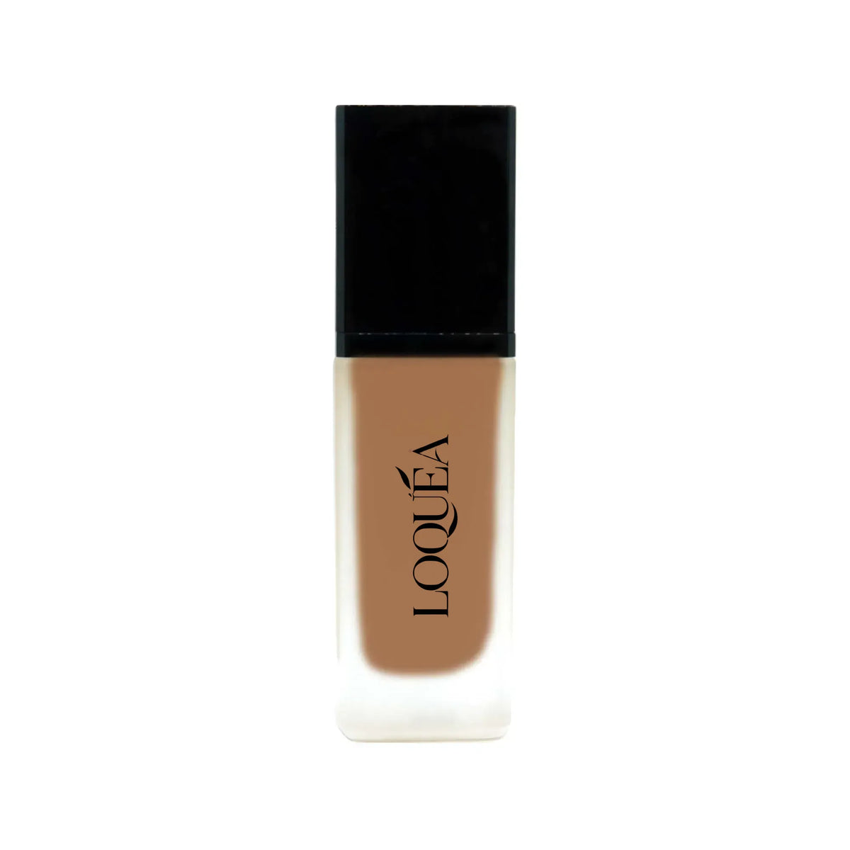 Cosmetic bottle with black cap and brown body on a white background
