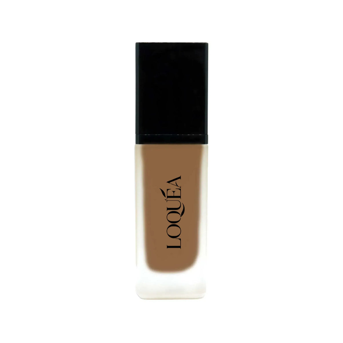 Makeup bottle with black cap and brown body on a white background