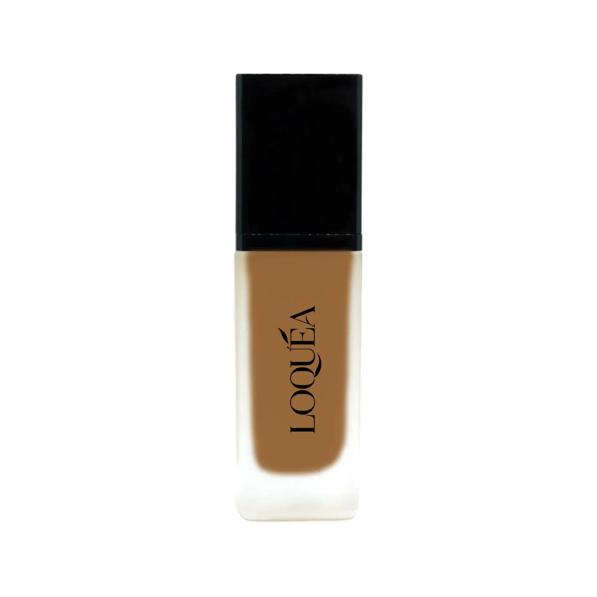 Makeup bottle with black cap and brown body on a white background