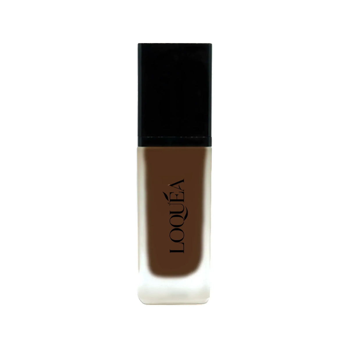 A bottle of LOQUÉA liquid foundation in a medium warm brown shade, featuring a black cap and clear glass base, centered on a plain white background.