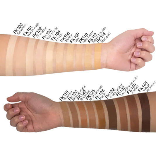 Color swatches on a person's arm with corresponding shade names.