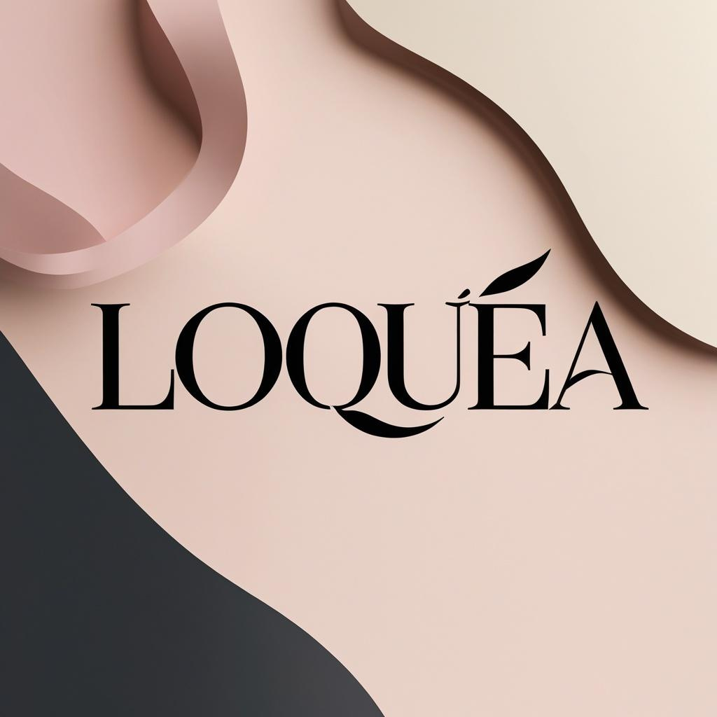 The brand name 'LOQUÉA' is displayed in a black serif typeface with a stylized leaf accent above the 'U', set against an abstract background of layered beige, blush pink, and dark charcoal wavy shapes.